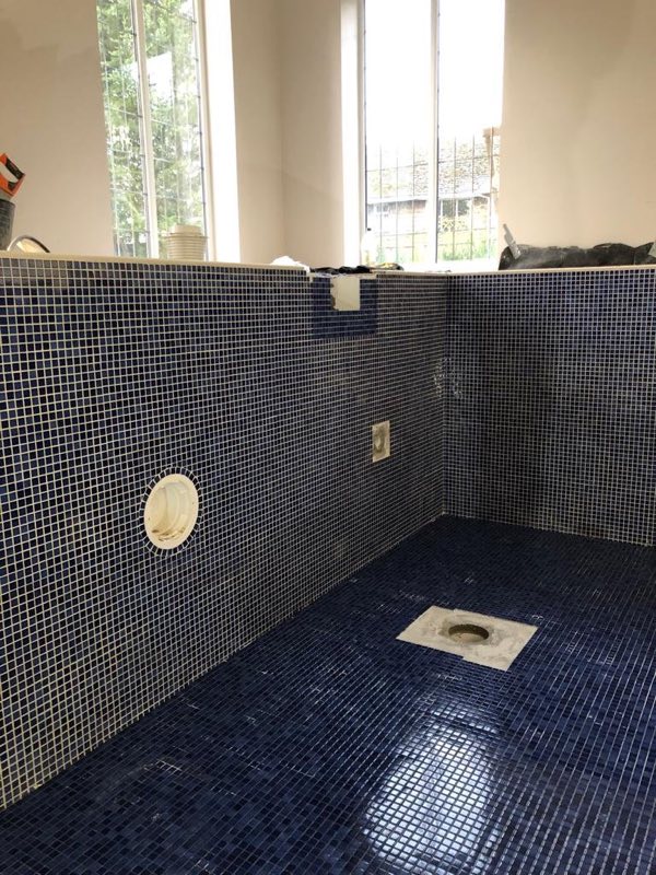 Empty pool shell finished in dark blue mosaic, with a wall light fitting